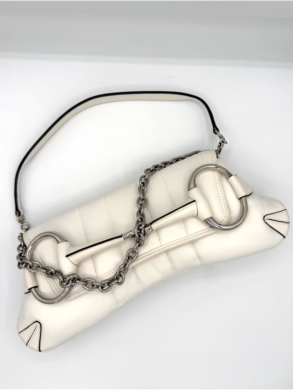 Gucci White Leather Horsebit Chain Clutch Shoulder Bag with Silver Chain